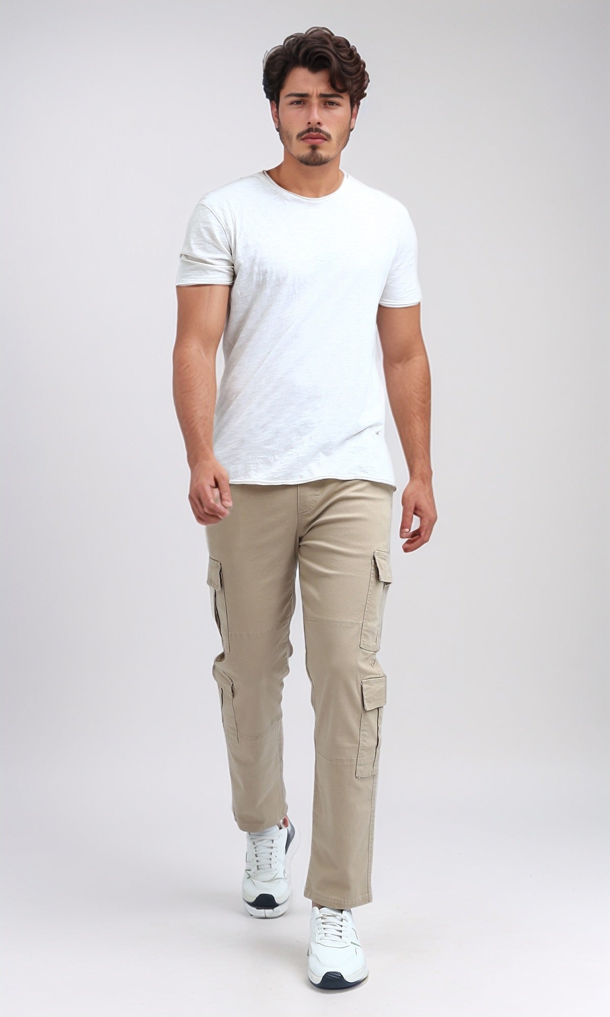 O201036 Solid Cargo Pants with Side Pockets - Beige