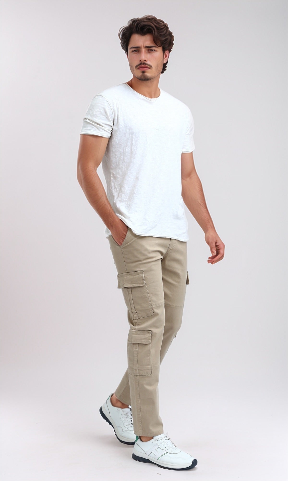 O201036 Solid Cargo Pants with Side Pockets - Beige