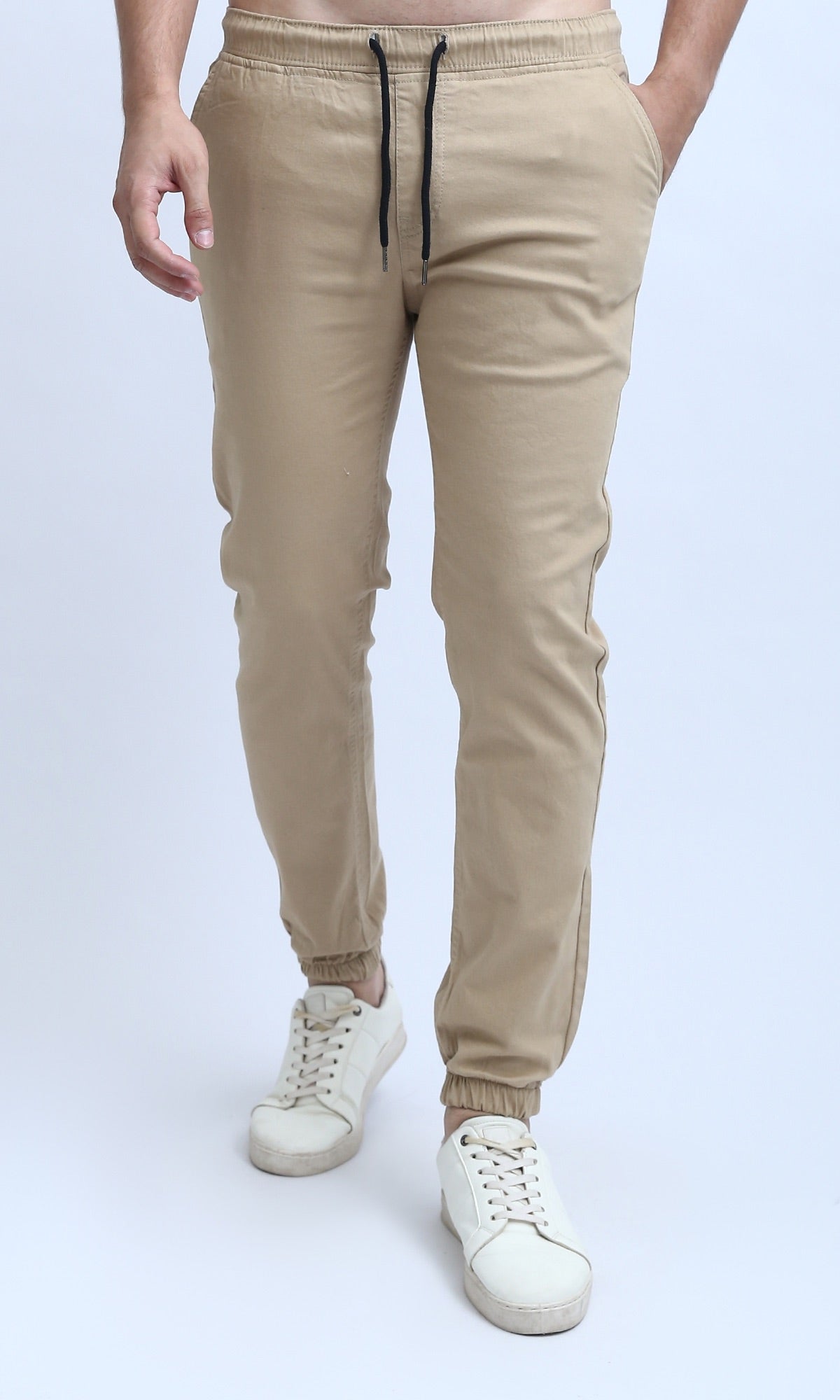 O201040 Elastic Waist Cargo Pants with Drawstring - Beige