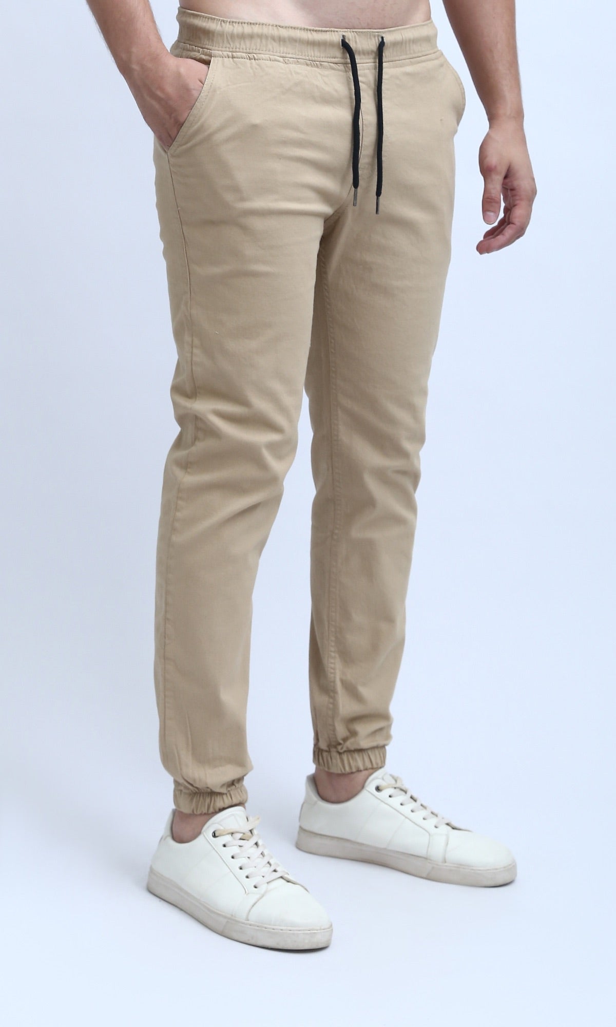 O201040 Elastic Waist Cargo Pants with Drawstring - Beige