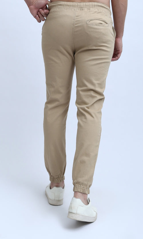O201040 - Elastic Waist Cargo Pants with Drawstring - Beige