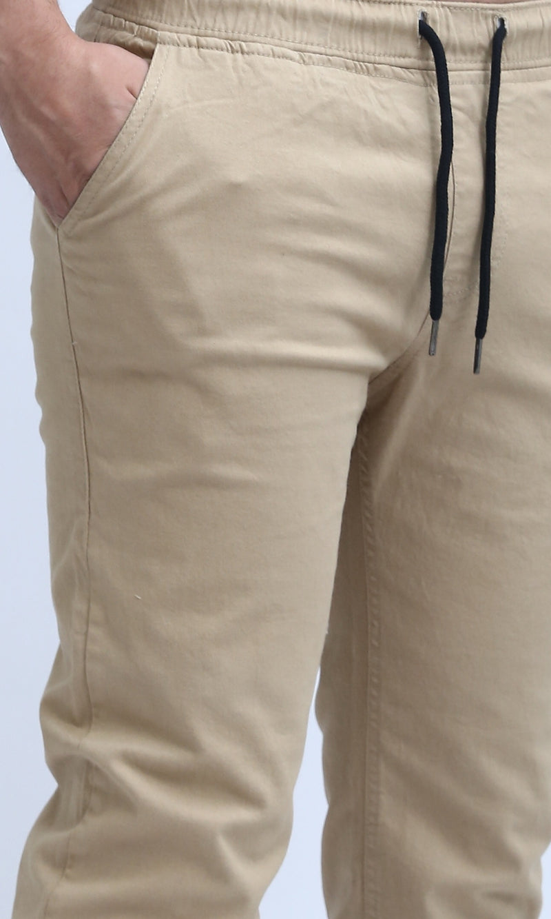 O201040 - Elastic Waist Cargo Pants with Drawstring - Beige