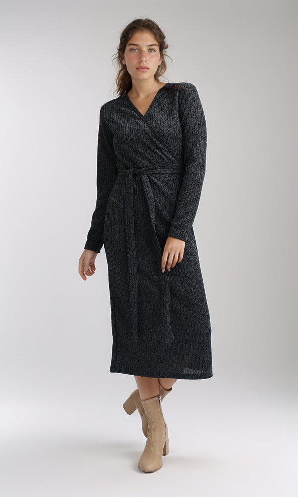 O201113 - Long Sleeves Knit Dress With Elegant Belt - Heather Dark Grey
