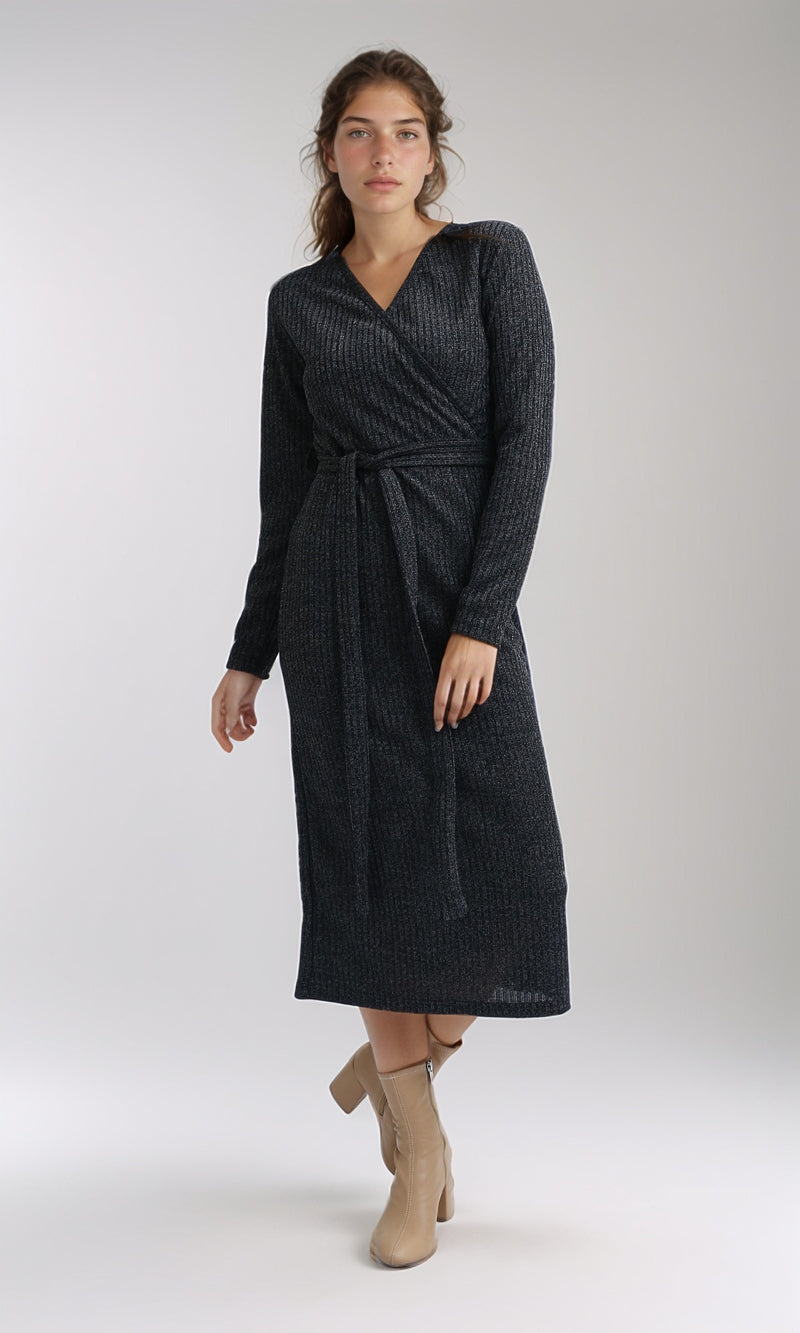 O201113 - Long Sleeves Knit Dress With Elegant Belt - Heather Dark Grey