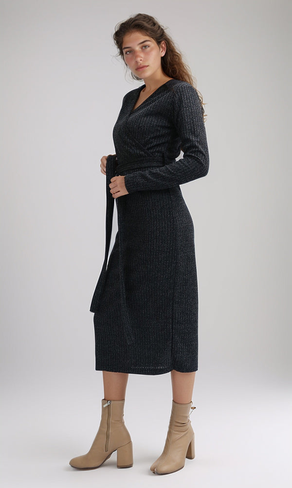 O201113 - Long Sleeves Knit Dress With Elegant Belt - Heather Dark Grey
