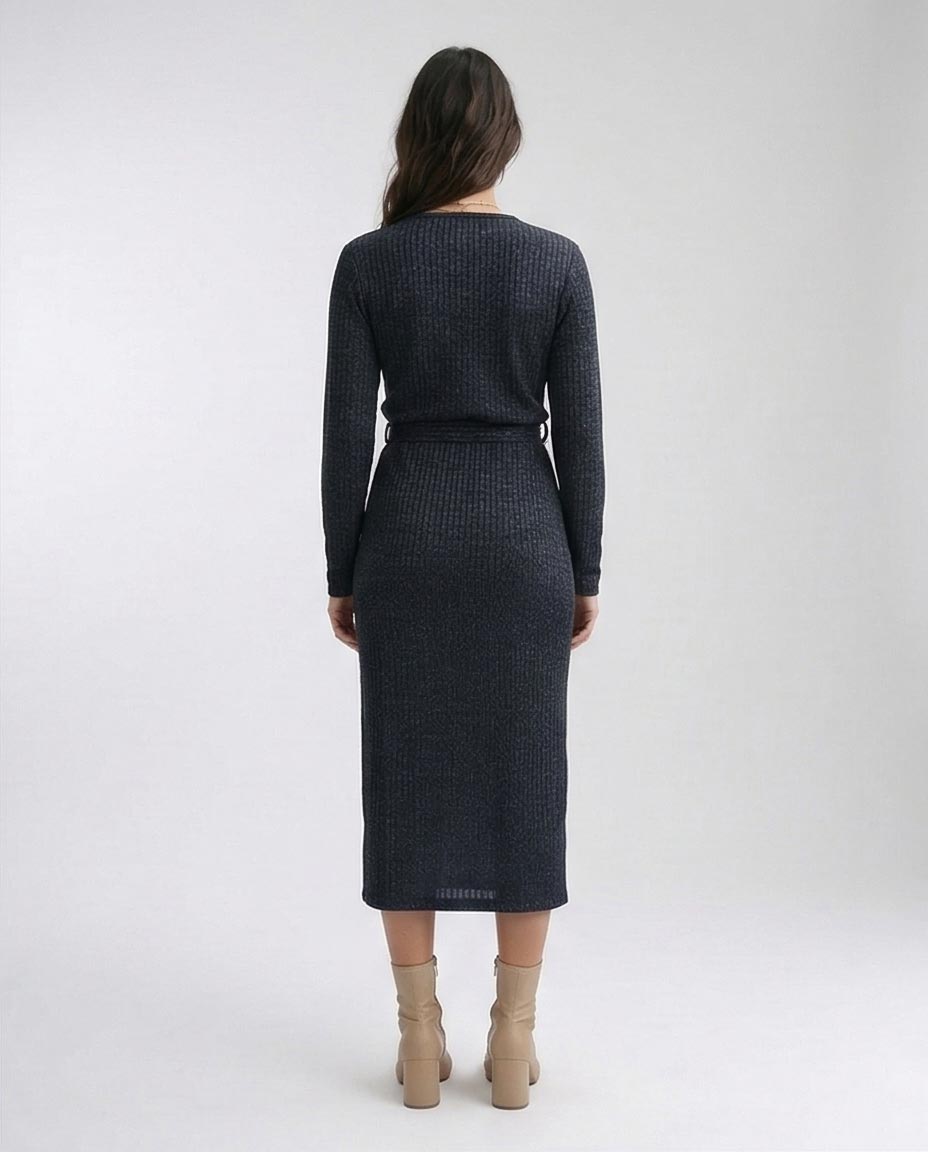 Ravin | Ribbed Lurex Knit Wrap Midi Dress – Charcoal Heather - O201113