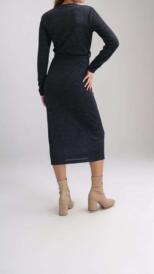 O201113 - Long Sleeves Knit Dress With Elegant Belt - Heather Dark Grey