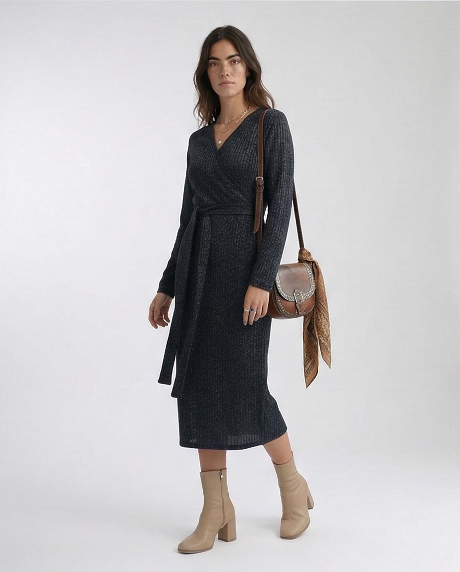 Ravin | Ribbed Lurex Knit Wrap Midi Dress – Charcoal Heather - O201113