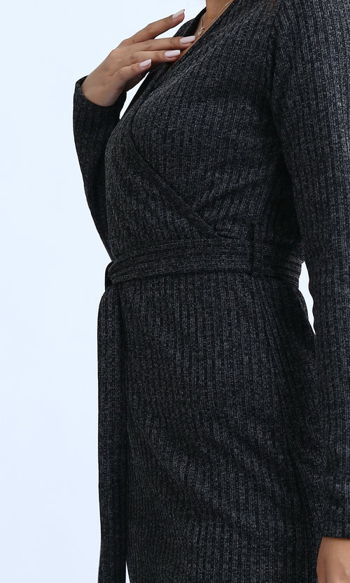 O201113 - Long Sleeves Knit Dress With Elegant Belt - Heather Dark Grey