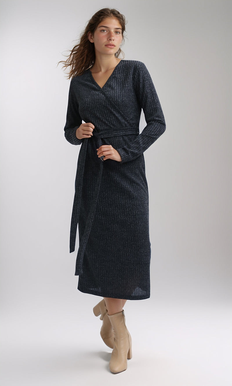 O201113 - Long Sleeves Knit Dress With Elegant Belt - Heather Dark Grey