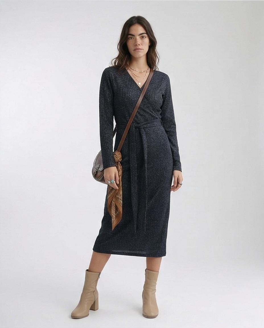 Ravin | Ribbed Lurex Knit Wrap Midi Dress – Charcoal Heather - O201113