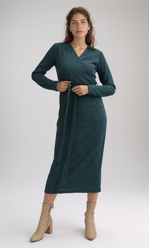 O201115 - Ribbed Midi Dress With Belt - Dark Green