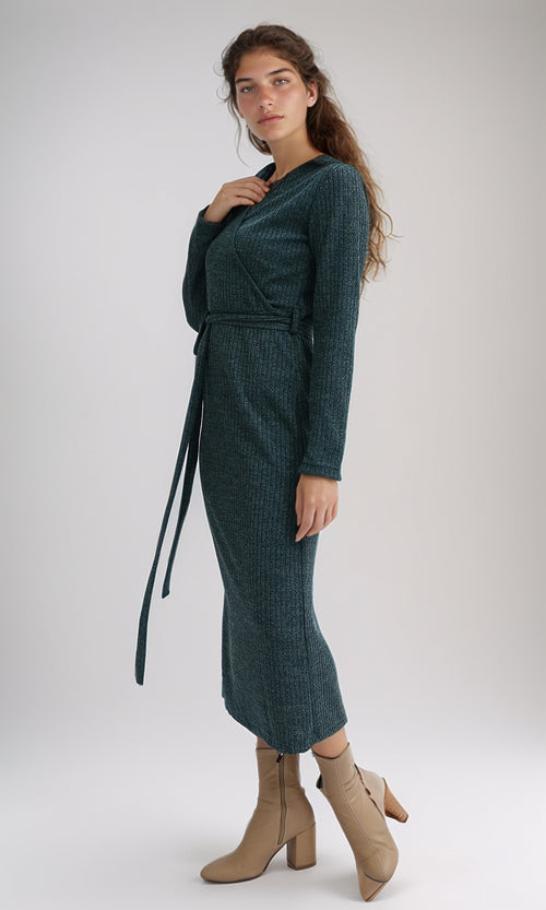 O201115 - Ribbed Midi Dress With Belt - Dark Green