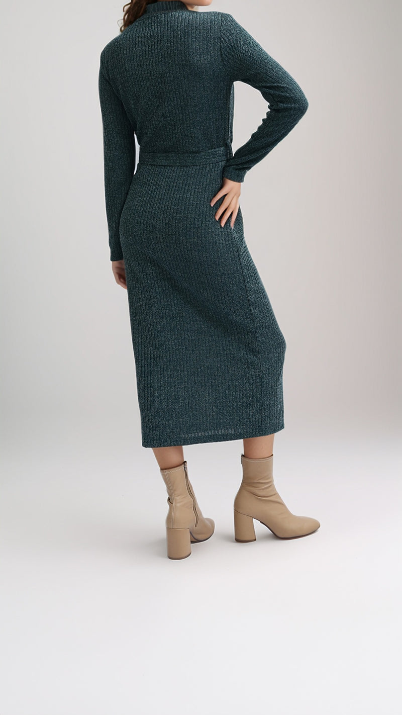 O201115 - Ribbed Midi Dress With Belt - Dark Green