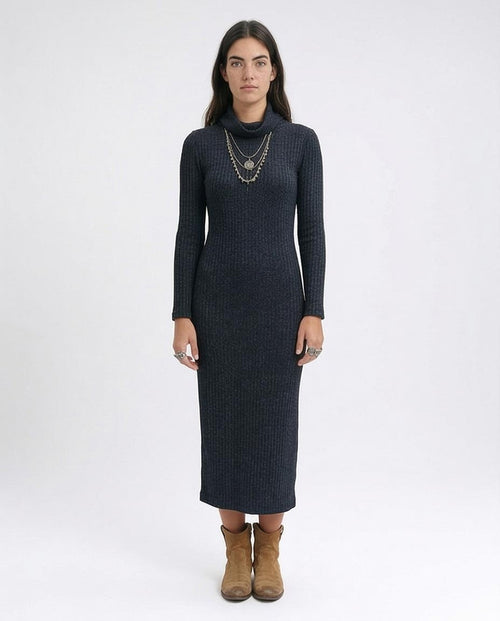 O201116 - Feminine Mock Neck Bodycon Dress - Heather Dark Grey