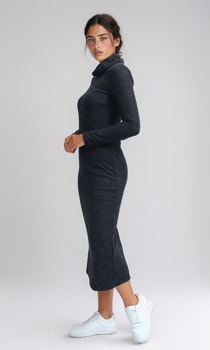 O201116 - Feminine Mock Neck Bodycon Dress - Heather Dark Grey