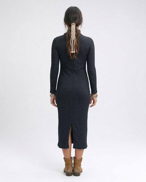 O201116 - Feminine Mock Neck Bodycon Dress - Heather Dark Grey