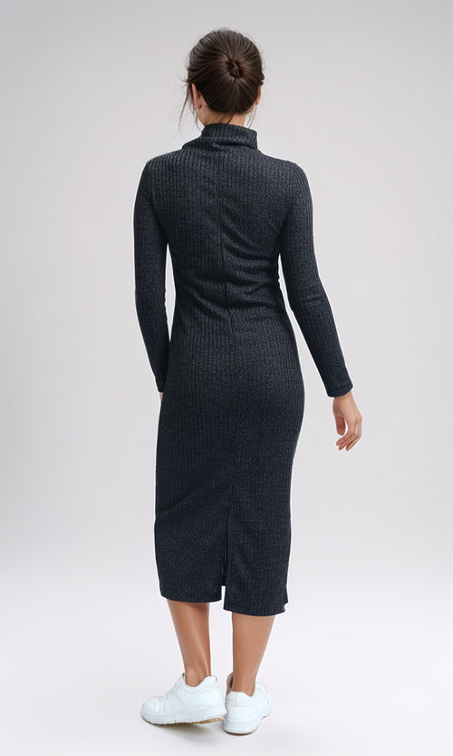 O201116 - Feminine Mock Neck Bodycon Dress - Heather Dark Grey