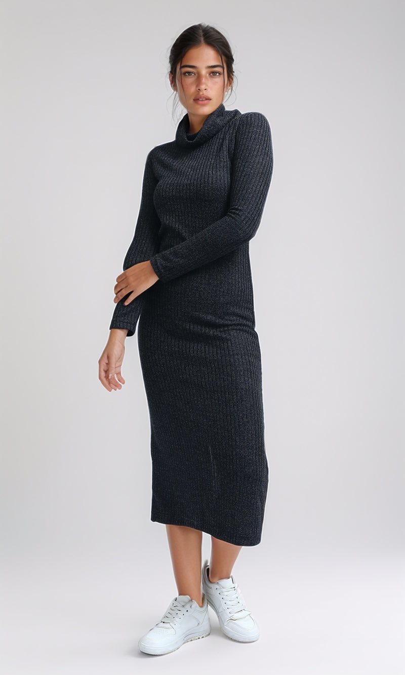 O201116 - Feminine Mock Neck Bodycon Dress - Heather Dark Grey
