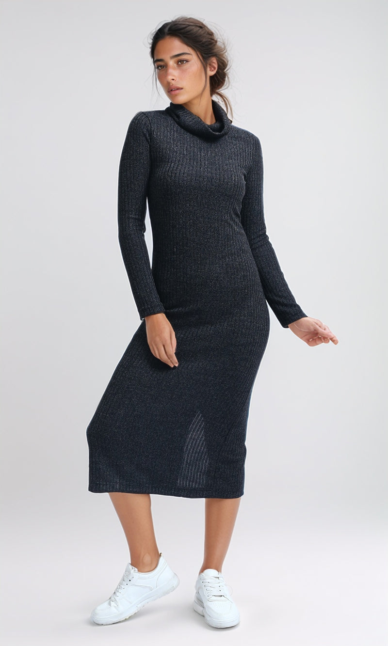 O201116 - Feminine Mock Neck Bodycon Dress - Heather Dark Grey