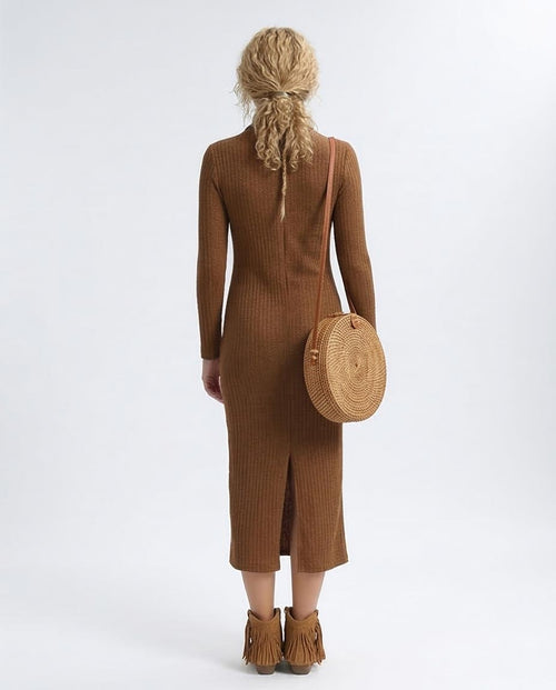 Ravin Ribbed Turtleneck Midi Knit Dress in Tobacco Brown - O201119