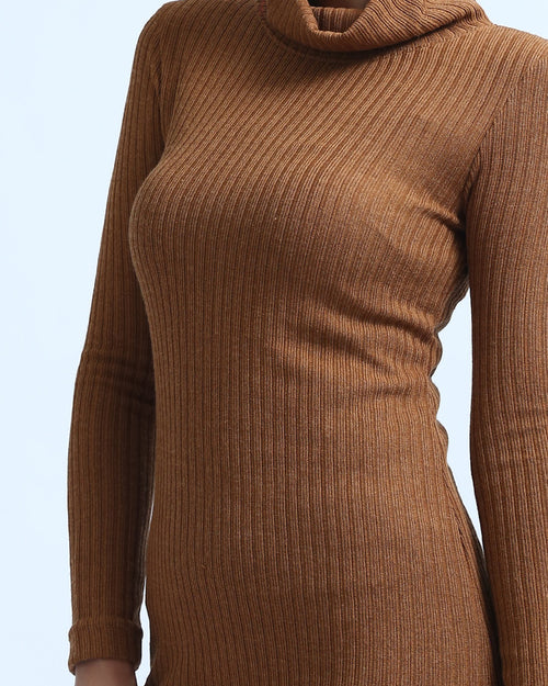 Ravin Ribbed Turtleneck Midi Knit Dress in Tobacco Brown - O201119
