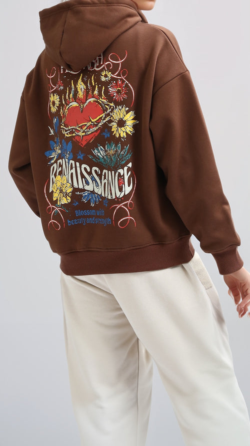 O201121 Printed '' Flourish'' Slip On Casual Hoodie - Brown