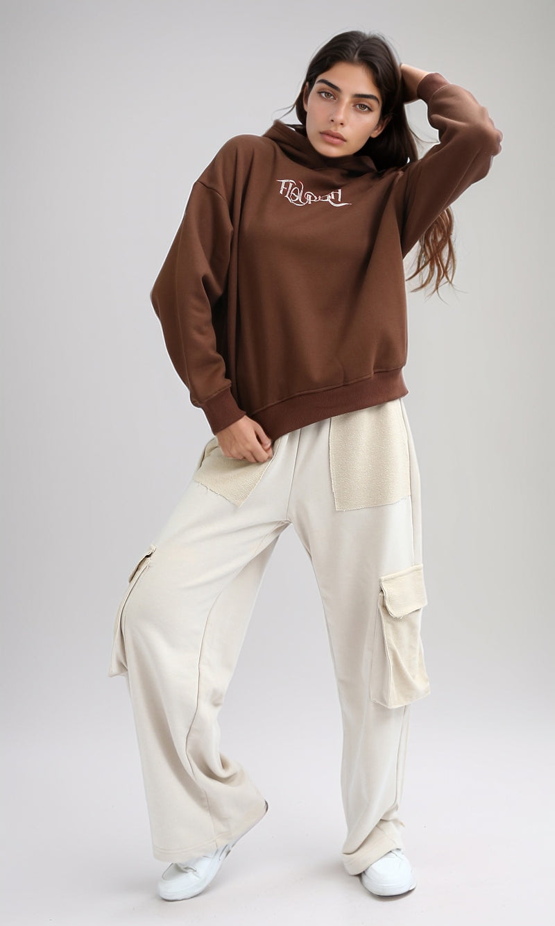 O201121 Printed '' Flourish'' Slip On Casual Hoodie - Brown