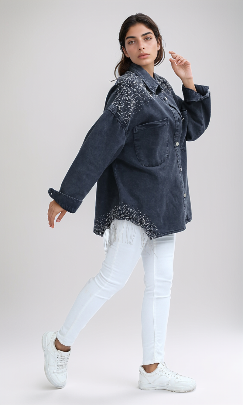 O201132-Casual Buttoned Washed Denim Jacket - Black