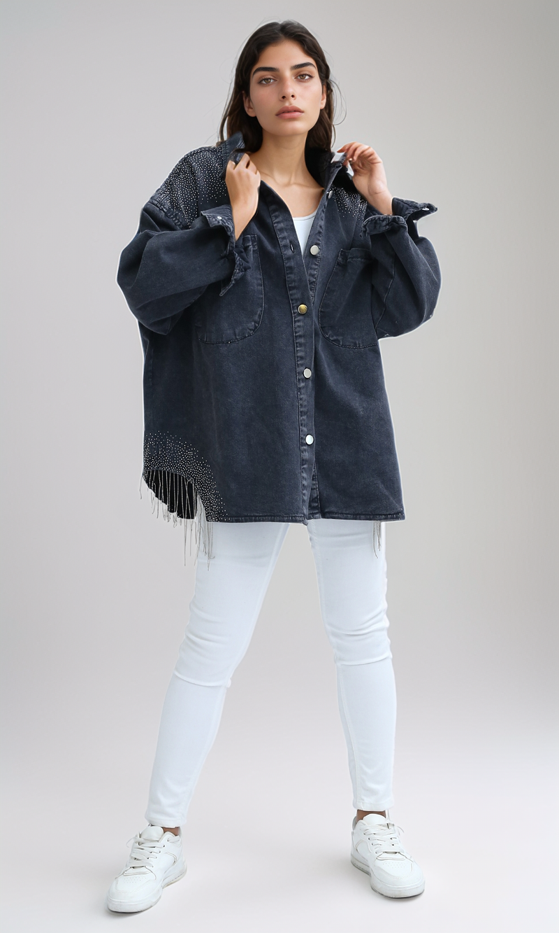 O201132-Casual Buttoned Washed Denim Jacket - Black