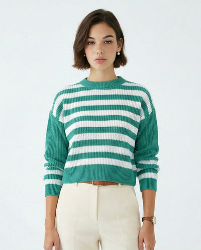 Striped Crew Neck Boxy Knit Sweater - GREEN - O201138