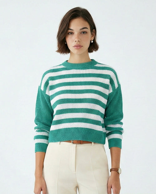 Striped Crew Neck Boxy Knit Sweater - GREEN - O201138