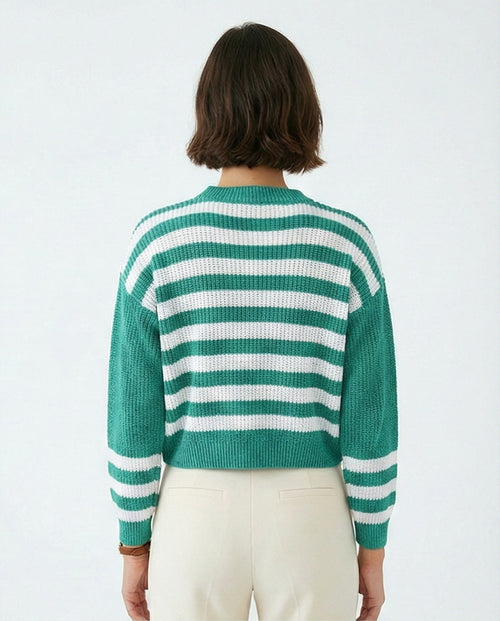 Striped Crew Neck Boxy Knit Sweater - GREEN - O201138