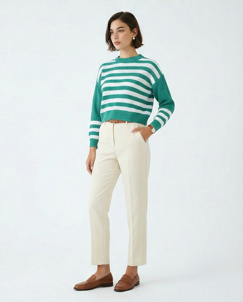 Striped Crew Neck Boxy Knit Sweater - GREEN - O201138