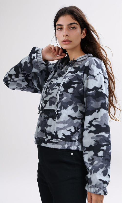 O201153 - Long Sleeves Cropped Camouflage Hoodie - Grey & White