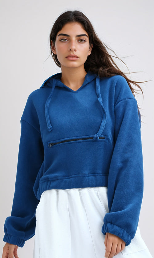 O201154 - Slip On Solid Cropped Hoodie - Dark Petroleum