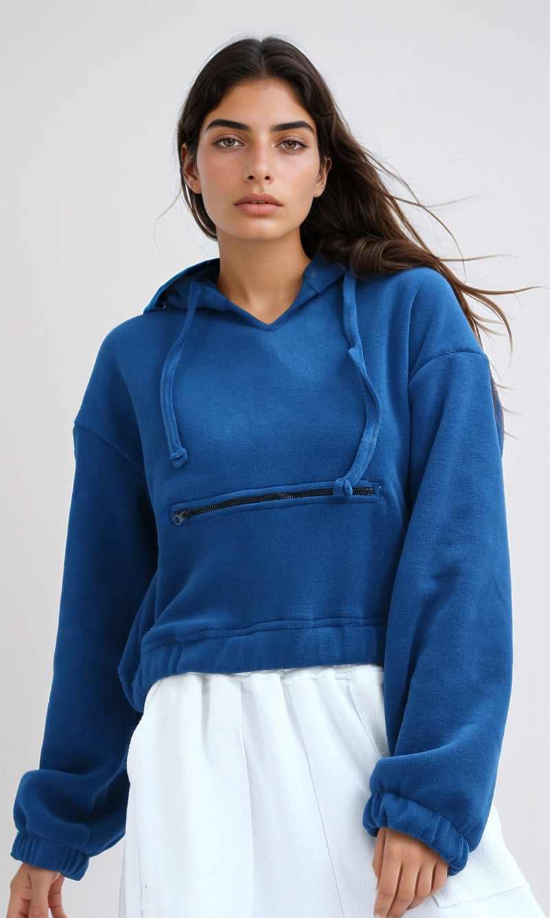 O201154 - Slip On Solid Cropped Hoodie - Dark Petroleum