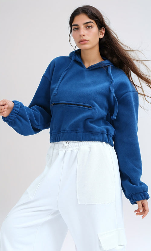 O201154 - Slip On Solid Cropped Hoodie - Dark Petroleum