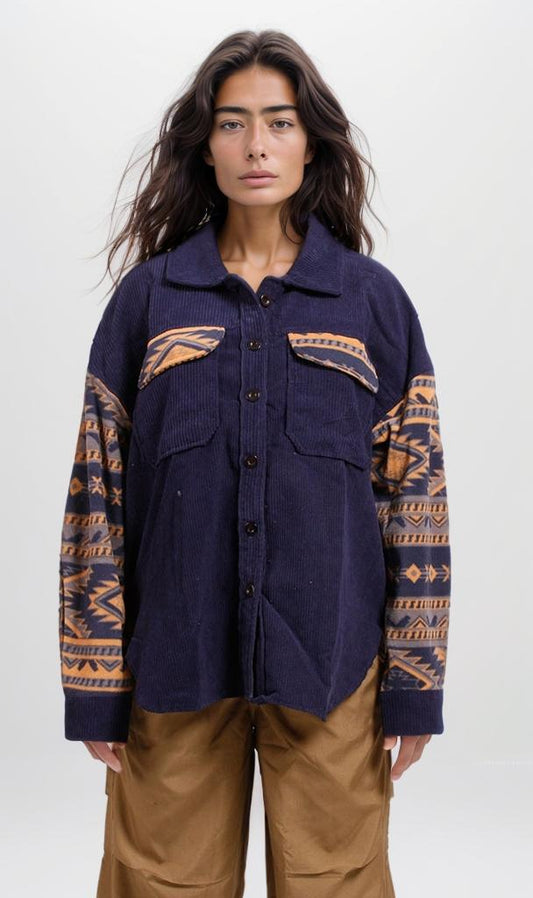 o201156-PATTERNED SHIRT WITH BUTTON CLOSURE - NAVY BLUE