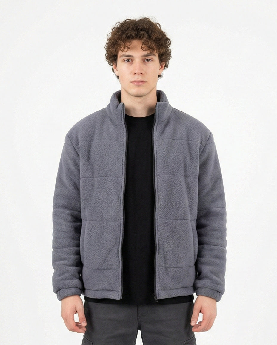 Grey Quilted Fleece Mock Neck Zip-Up Jacket - O201229