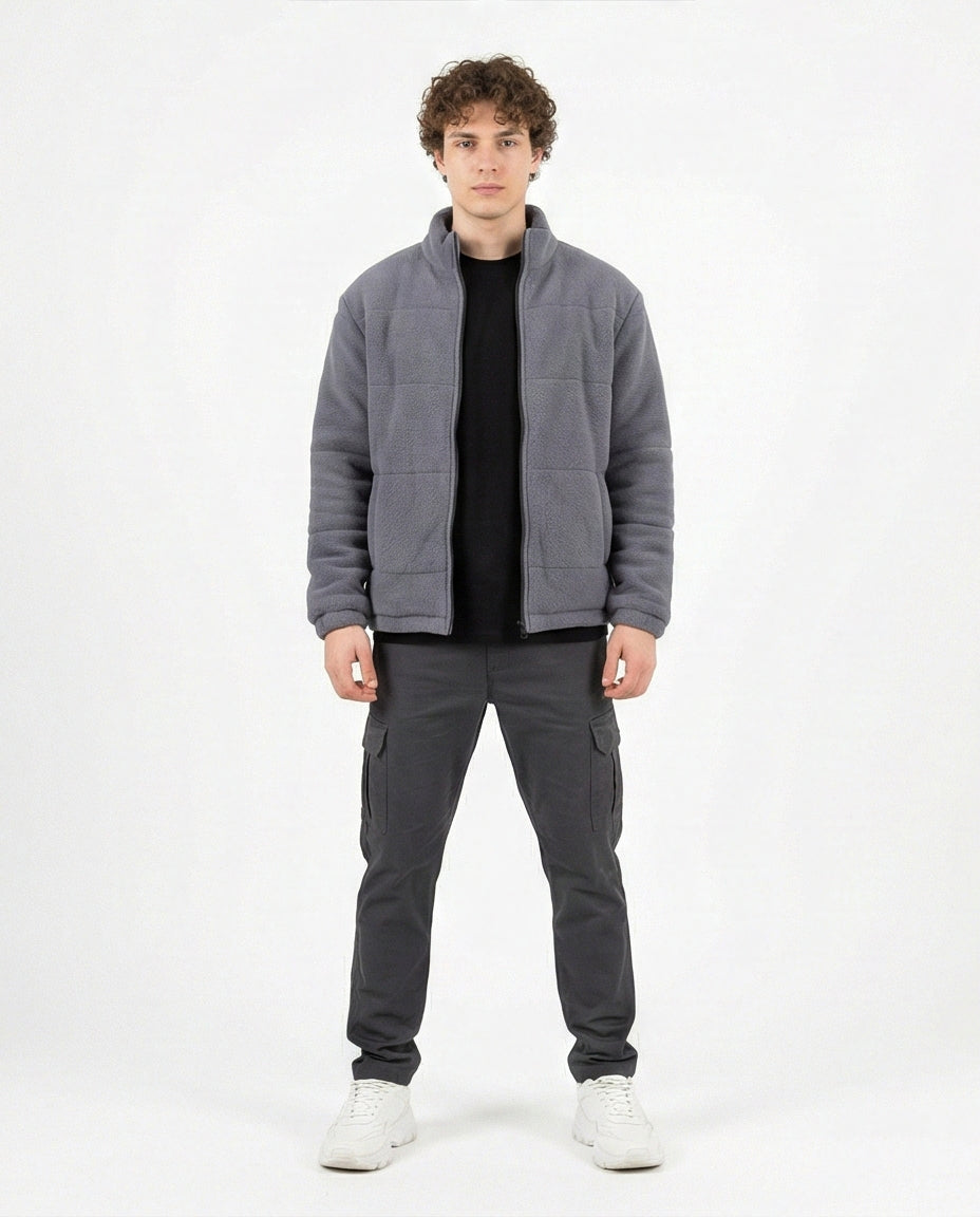 Grey Quilted Fleece Mock Neck Zip-Up Jacket - O201229