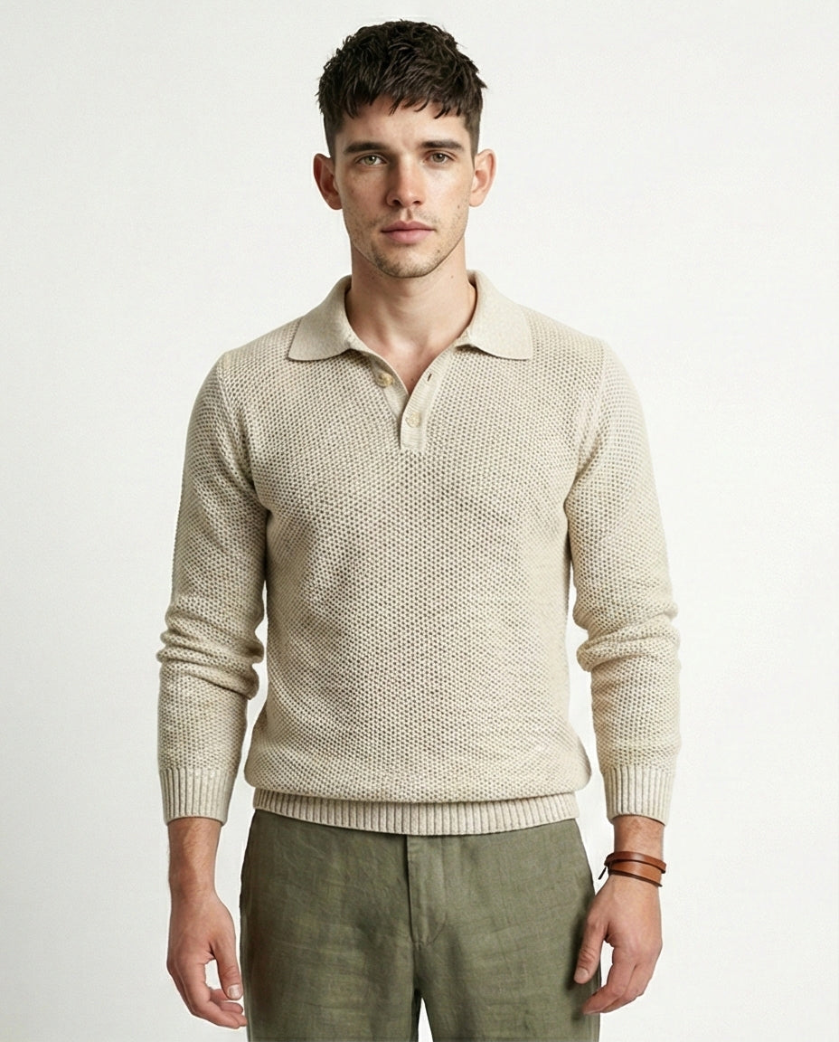 Oatmeal Textured Knit Long Sleeve Polo Sweater - O201232