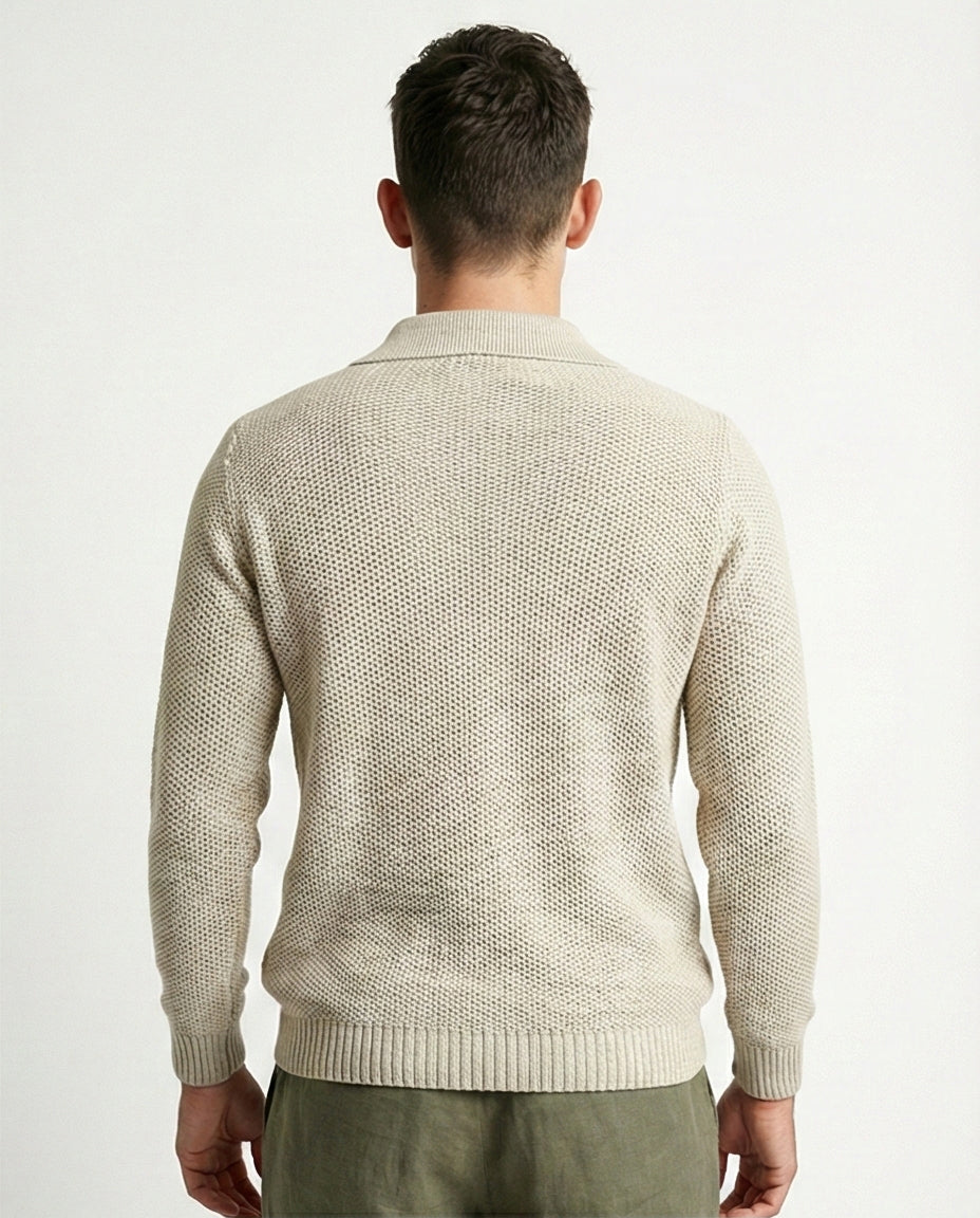 Oatmeal Textured Knit Long Sleeve Polo Sweater - O201232