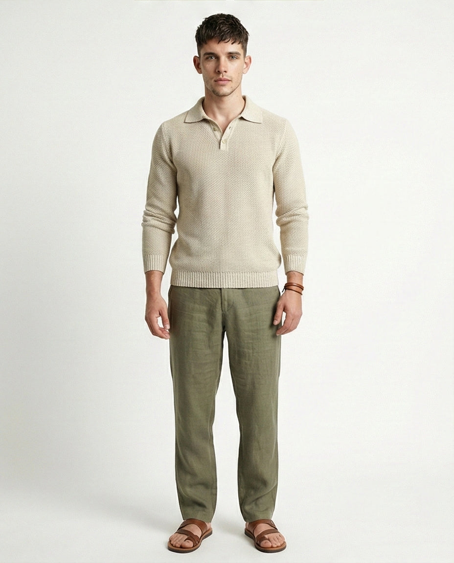 Oatmeal Textured Knit Long Sleeve Polo Sweater - O201232