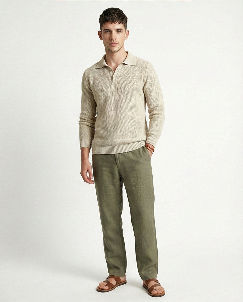 Oatmeal Textured Knit Long Sleeve Polo Sweater - O201232