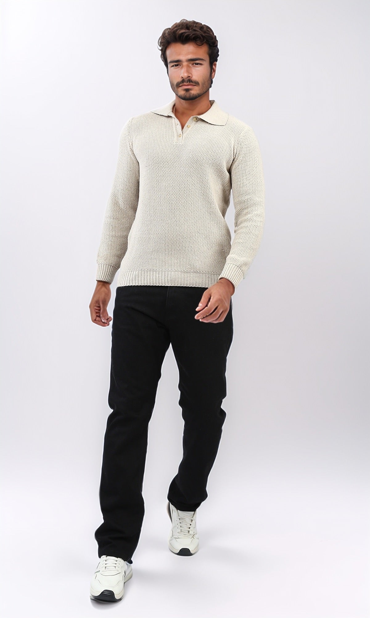 Oatmeal Textured Knit Long Sleeve Polo Sweater - O201232