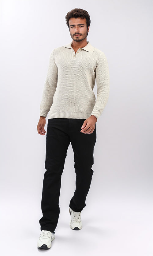 Oatmeal Textured Knit Long Sleeve Polo Sweater - O201232