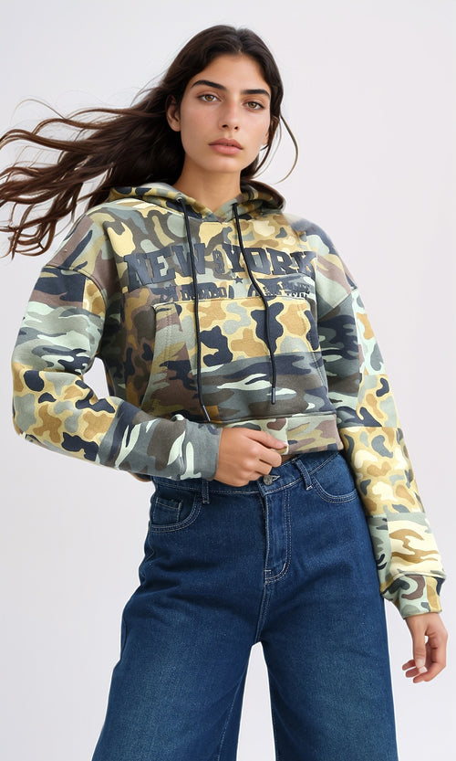 O201266 - Cropped Camouflage Hoodie With Long Sleeves - Yellow