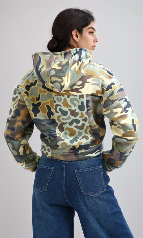 O201266 - Cropped Camouflage Hoodie With Long Sleeves - Yellow