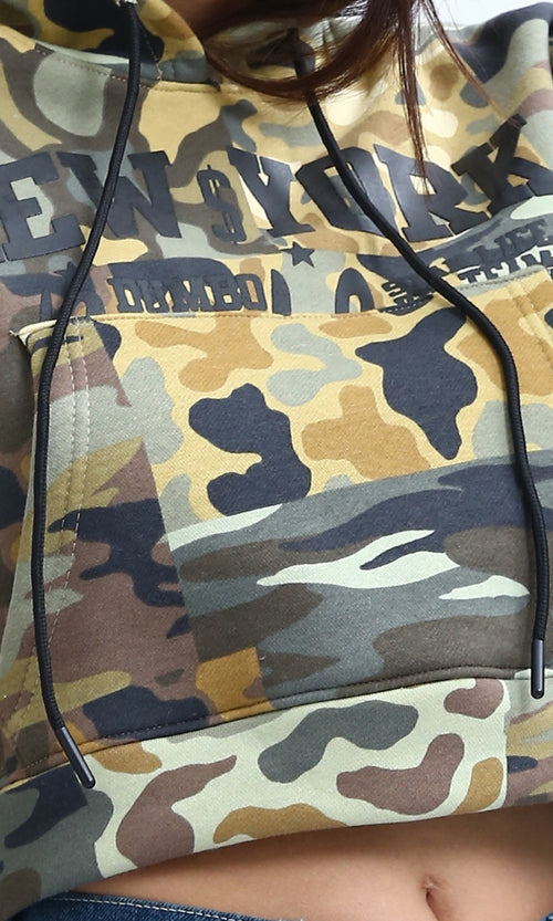 O201266 - Cropped Camouflage Hoodie With Long Sleeves - Yellow